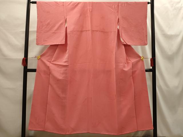 平和屋着物□上質な色無地 幾何学地紋 珊瑚朱色 正絹 逸品 AABI3886sx