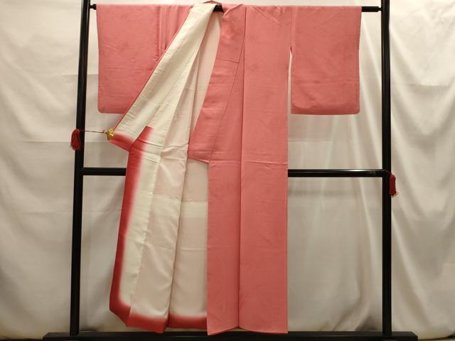 平和屋着物□上質な色無地 幾何学地紋 珊瑚朱色 正絹 逸品 AABI3886sx