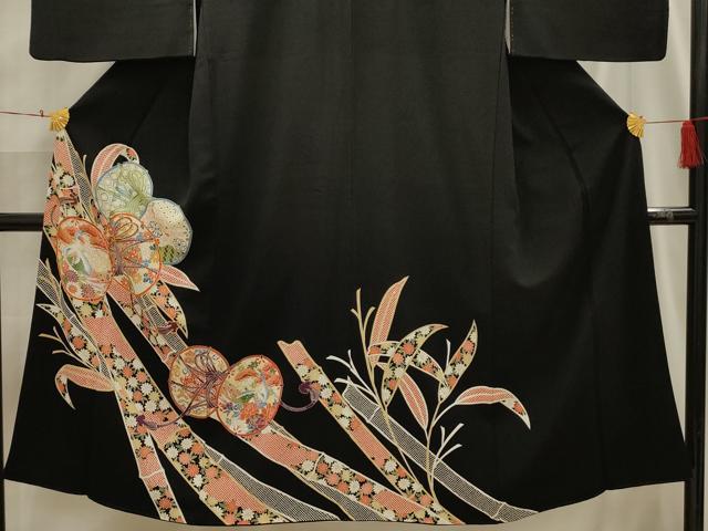 平和屋着物■豪華黒留袖 駒刺繍 孔雀花鼓文 金彩 正絹 逸品 AABI3951sx