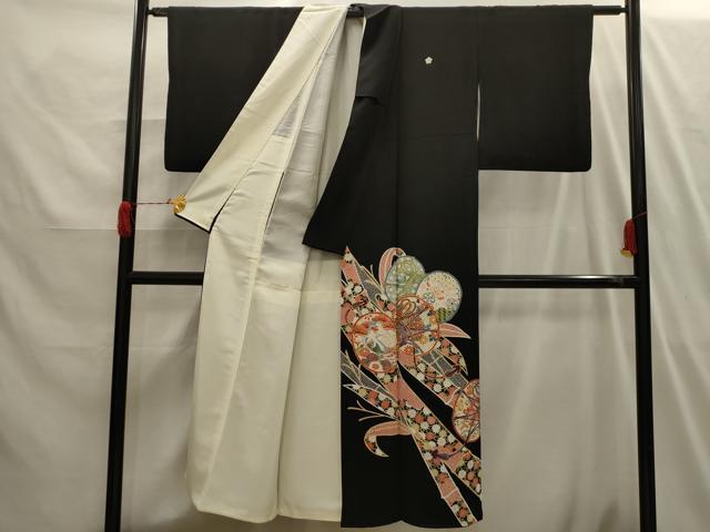 平和屋着物■豪華黒留袖 駒刺繍 孔雀花鼓文 金彩 正絹 逸品 AABI3951sx