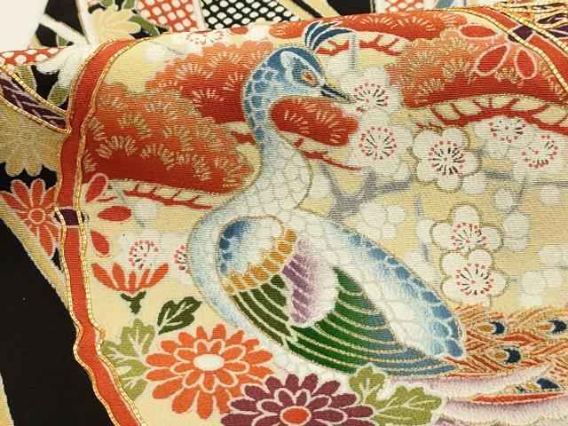 平和屋着物■豪華黒留袖 駒刺繍 孔雀花鼓文 金彩 正絹 逸品 AABI3951sx