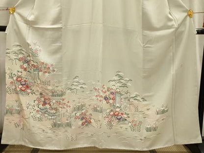平和屋着物■訪問着　作家物　松竹梅御所車花風景文　正絹　逸品　AABI3952sx