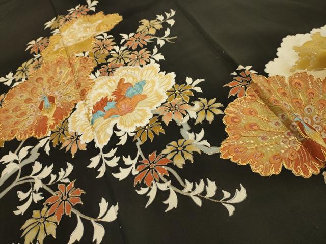 平和屋着物■豪華黒留袖　駒刺繍　手描き　孔雀花文　金彩　正絹　逸品　AABI3967sx