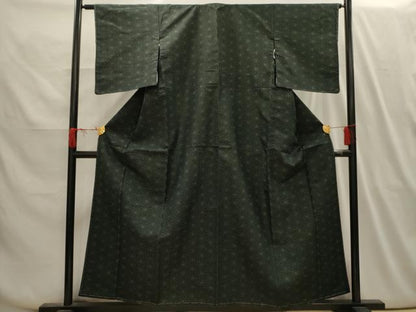 平和屋着物■上質な紬　麻の葉文様　黒地　正絹　逸品　AABI3975sx