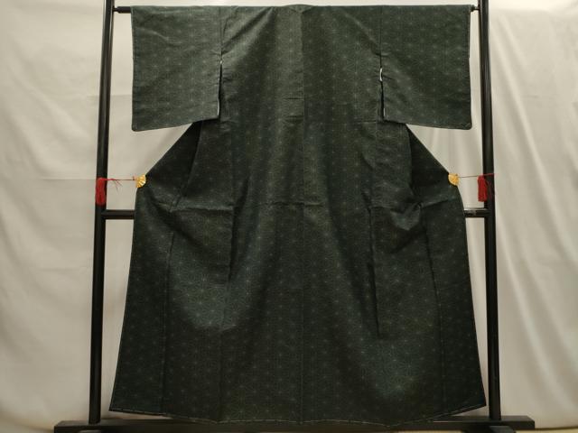 平和屋着物■上質な紬　麻の葉文様　黒地　正絹　逸品　AABI3975sx