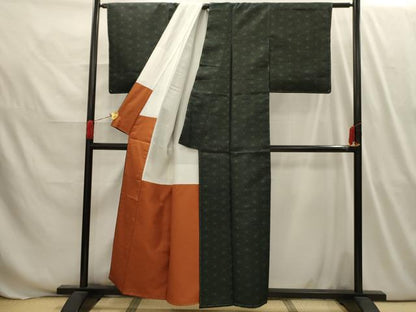 平和屋着物■上質な紬　麻の葉文様　黒地　正絹　逸品　AABI3975sx