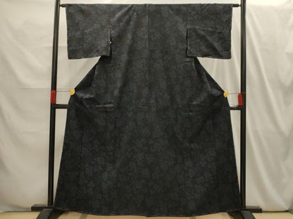 平和屋着物■上質な紬　枝葉文　黒地　正絹　逸品　AABI4044sx
