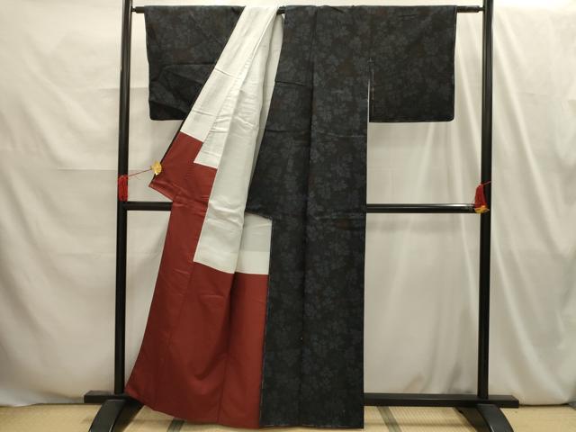 平和屋着物■上質な紬　枝葉文　黒地　正絹　逸品　AABI4044sx