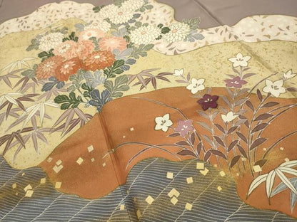 平和屋着物■豪華色留袖　作家物　紬地　道長草花文　金彩　正絹　逸品　AABI4082sx