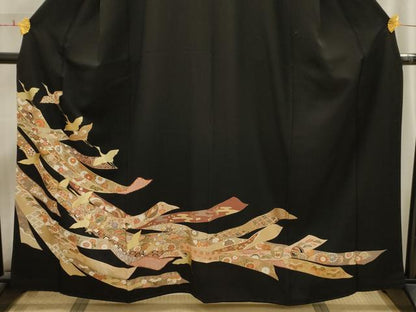 平和屋着物■豪華黒留袖 駒刺繍 蔓帯飛鶴吉祥花文 金彩 正絹 逸品 AABI4141sx