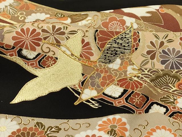 平和屋着物■豪華黒留袖 駒刺繍 蔓帯飛鶴吉祥花文 金彩 正絹 逸品 AABI4141sx