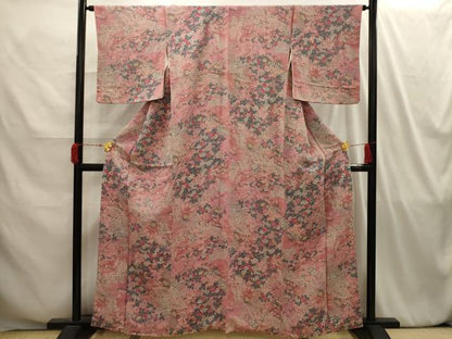 平和屋着物■上質な小紋 渡り橋花鳥風景文 鬼しぼ縮緬 正絹 逸品 AABI4176sx