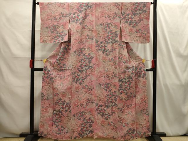 平和屋着物■上質な小紋 渡り橋花鳥風景文 鬼しぼ縮緬 正絹 逸品 AABI4176sx