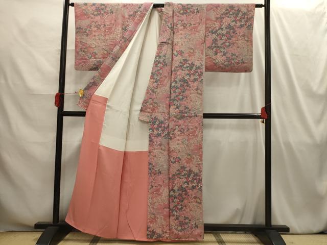平和屋着物■上質な小紋 渡り橋花鳥風景文 鬼しぼ縮緬 正絹 逸品 AABI4176sx