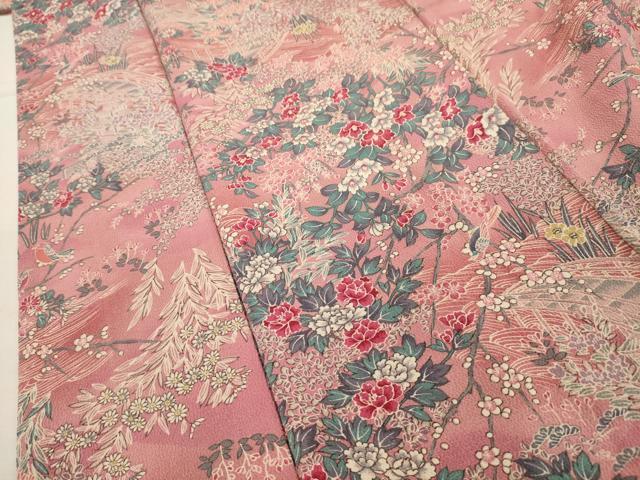 平和屋着物■上質な小紋 渡り橋花鳥風景文 鬼しぼ縮緬 正絹 逸品 AABI4176sx