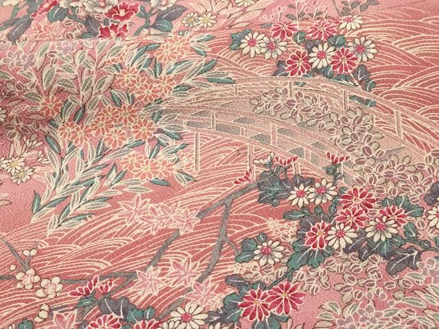 平和屋着物■上質な小紋 渡り橋花鳥風景文 鬼しぼ縮緬 正絹 逸品 AABI4176sx