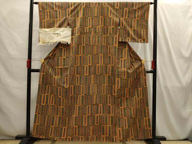 平和屋着物■結城紬 幾何学文様 証紙付き 正絹 逸品 AABI4179sx