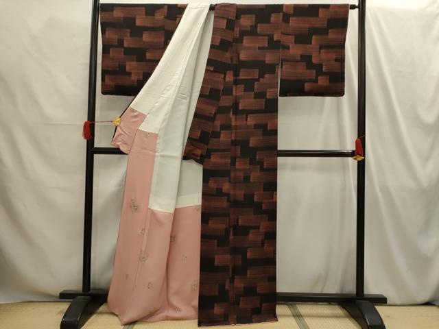 平和屋着物■上質な小紋 幾何学文様 黒地 鬼しぼ縮緬 正絹 逸品 AABI4181sx