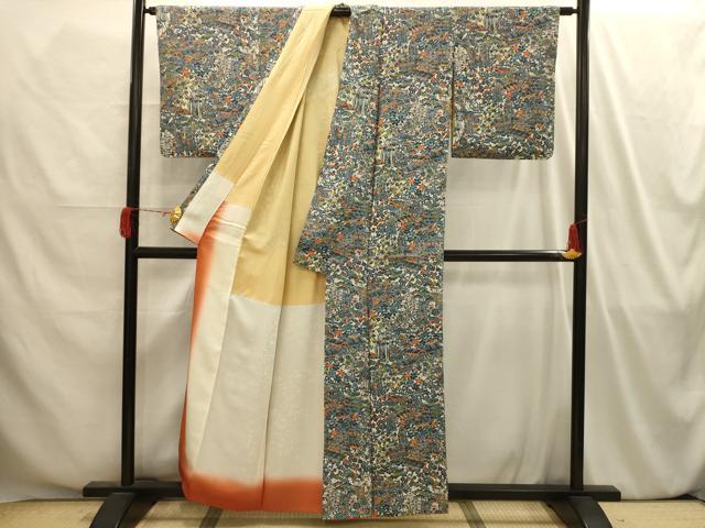 平和屋着物■上質な小紋 型染め 松竹梅風景文 正絹 逸品 AABI4186sx
