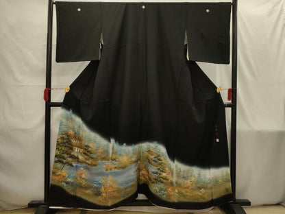 平和屋着物■豪華黒留袖　作家物　手描き　金閣寺　暈し染め　金彩　正絹　逸品　AABI4211sx