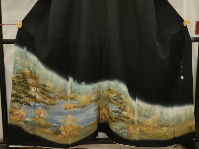 平和屋着物■豪華黒留袖　作家物　手描き　金閣寺　暈し染め　金彩　正絹　逸品　AABI4211sx