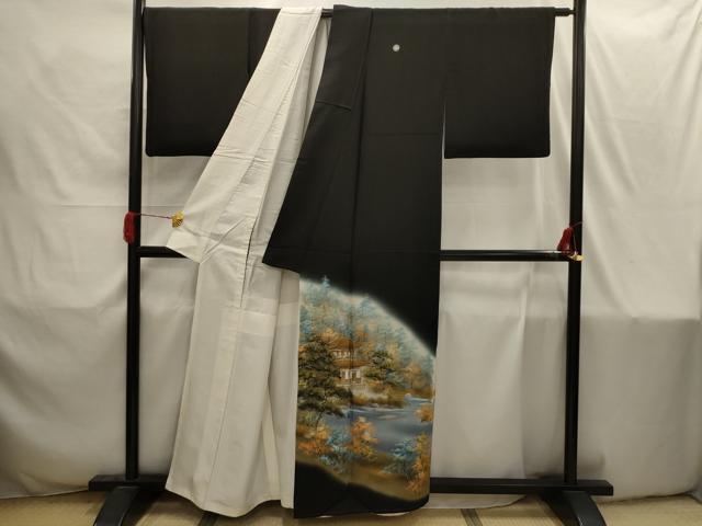 平和屋着物■豪華黒留袖　作家物　手描き　金閣寺　暈し染め　金彩　正絹　逸品　AABI4211sx