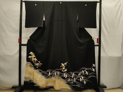 平和屋着物■豪華黒留袖　駒刺繍　松竹梅立波飛鶴文　暈し染め　金彩　正絹　逸品　AABI4212sx