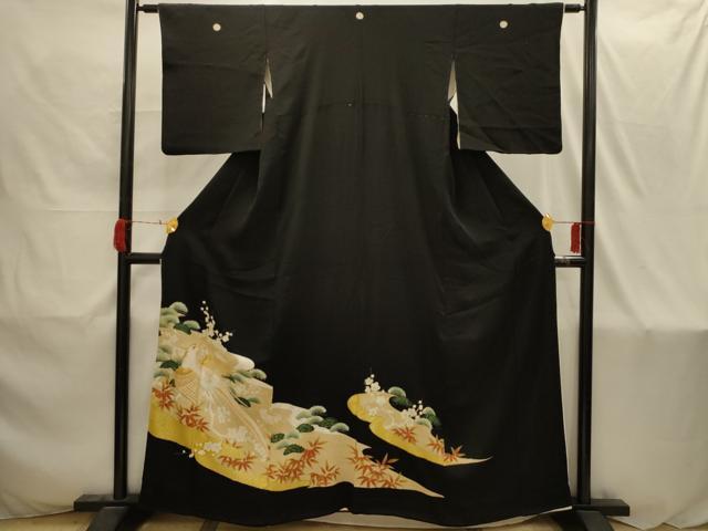 平和屋着物■豪華黒留袖　刺繍　松竹梅花鳥文　金銀糸　金銀彩　正絹　逸品　AABI4223sx
