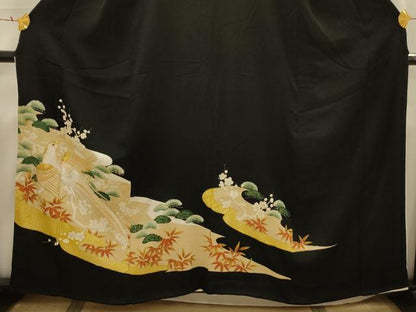平和屋着物■豪華黒留袖　刺繍　松竹梅花鳥文　金銀糸　金銀彩　正絹　逸品　AABI4223sx