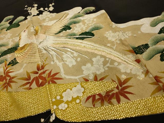 平和屋着物■豪華黒留袖　刺繍　松竹梅花鳥文　金銀糸　金銀彩　正絹　逸品　AABI4223sx
