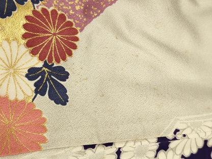 平和屋着物■紫綬褒章　巨匠『岩田専太郎』　振袖　駒刺繍　中国三大刺繍　相良刺繍　草花文　金彩　正絹　逸品　AABI4241sx