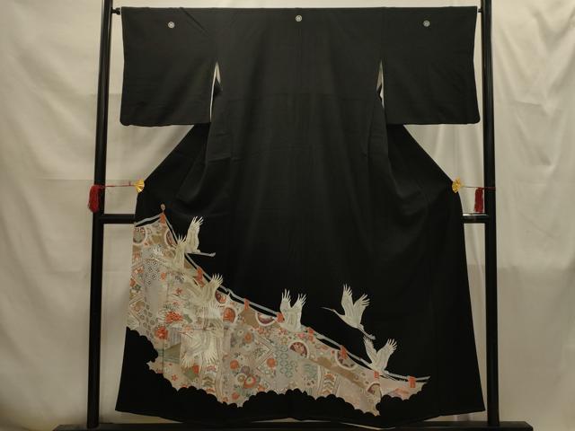 平和屋着物■豪華黒留袖　駒刺繍　飛鶴花文　金彩　正絹　逸品　AABI4242sx