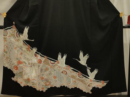 平和屋着物■豪華黒留袖　駒刺繍　飛鶴花文　金彩　正絹　逸品　AABI4242sx
