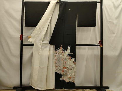 平和屋着物■豪華黒留袖　駒刺繍　飛鶴花文　金彩　正絹　逸品　AABI4242sx