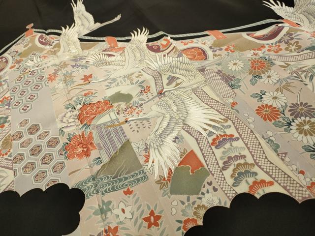 平和屋着物■豪華黒留袖　駒刺繍　飛鶴花文　金彩　正絹　逸品　AABI4242sx