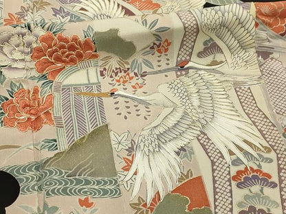 平和屋着物■豪華黒留袖　駒刺繍　飛鶴花文　金彩　正絹　逸品　AABI4242sx