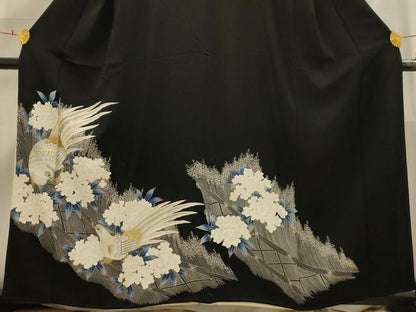 平和屋着物■豪華黒留袖　刺繍　花鳥文　金銀糸　正絹　逸品　AABI4243sx