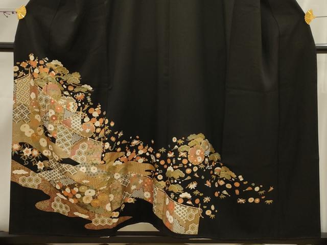 平和屋着物■豪華黒留袖　駒刺繍　松竹梅吉祥花宝尽くし　金彩　正絹　逸品　AABI4246sx