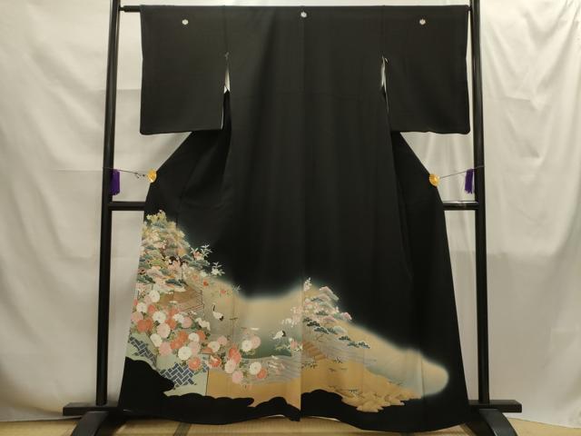 平和屋着物■豪華黒留袖　駒刺繍　群れ鶴風景文　暈し染め　金彩　正絹　逸品　AABI4247sx