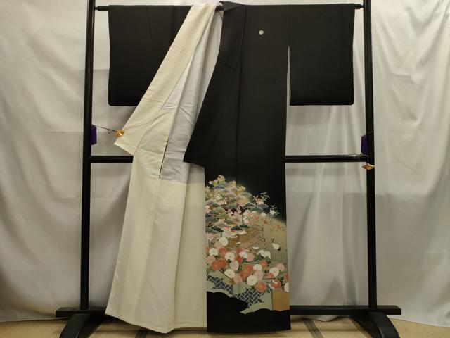 平和屋着物■豪華黒留袖　駒刺繍　群れ鶴風景文　暈し染め　金彩　正絹　逸品　AABI4247sx