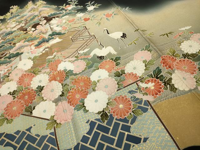 平和屋着物■豪華黒留袖　駒刺繍　群れ鶴風景文　暈し染め　金彩　正絹　逸品　AABI4247sx