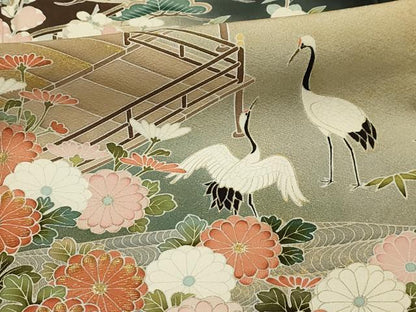 平和屋着物■豪華黒留袖　駒刺繍　群れ鶴風景文　暈し染め　金彩　正絹　逸品　AABI4247sx