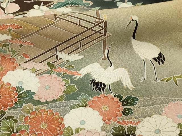 平和屋着物■豪華黒留袖　駒刺繍　群れ鶴風景文　暈し染め　金彩　正絹　逸品　AABI4247sx
