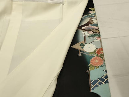 平和屋着物■豪華黒留袖　駒刺繍　群れ鶴風景文　暈し染め　金彩　正絹　逸品　AABI4247sx