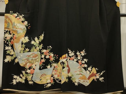 平和屋着物■豪華黒留袖　松竹梅風景絵巻物　金彩　正絹　逸品　AABI4249sx