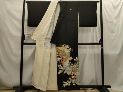平和屋着物■豪華黒留袖　松竹梅風景絵巻物　金彩　正絹　逸品　AABI4249sx