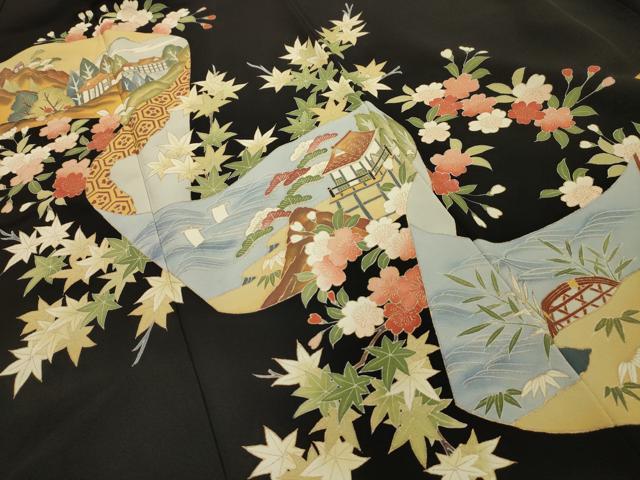 平和屋着物■豪華黒留袖　松竹梅風景絵巻物　金彩　正絹　逸品　AABI4249sx