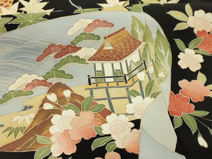 平和屋着物■豪華黒留袖　松竹梅風景絵巻物　金彩　正絹　逸品　AABI4249sx