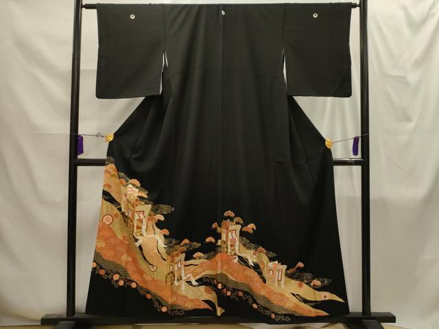 平和屋着物■豪華黒留袖　駒刺繍　御所車花文　金彩　正絹　逸品　AABI4250sx