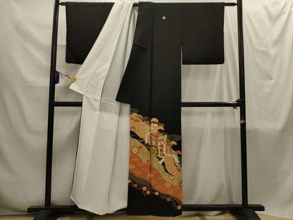 平和屋着物■豪華黒留袖　駒刺繍　御所車花文　金彩　正絹　逸品　AABI4250sx